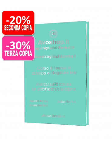 Tesi di laurea similpelle Soft-Touch Verde Acqua Modalità di stampa Solo  fronte Numero di pagine DA 0 A 50 Colore incisione Oro Tipo di carta Carta  Standard 80gr. Qualità di stampa Bianco